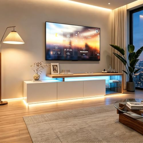 Meuble TV Modulaire avec Eclairage LED, Meuble TV Moderne avec 3 Portes et 2 Étagères Ouvertes en Verre, Meuble Tele Armoire de TV Rangement Buffet Élégant pour Salon (Blanc-3, 200x39x42)