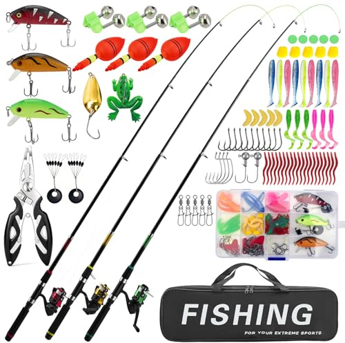 Juego de pesca para niños, 3 unidades de 1,8 m con caña de pescar telescópica de fibra de carbono, carrete giratorio 5.2:1, cebo y bolsa de transporte, juego completo para principiantes para niños y