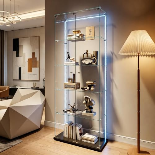 Glasställ med 5 hyllor 2 dörrar, vitrin på glasfot med LED och lås, modern vitrinskåp för samling av kolonnutställningsfönster vardagsrum (svart - 1, 81 x 37 x 183)