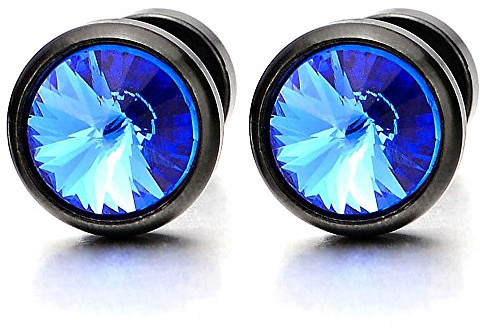 2 Nero Orecchini con 6MM Blu Zirconi da Uomo Donna, Finto Dilatatore Fake Cheater Plug Gauges, Acciaio Inossidabile