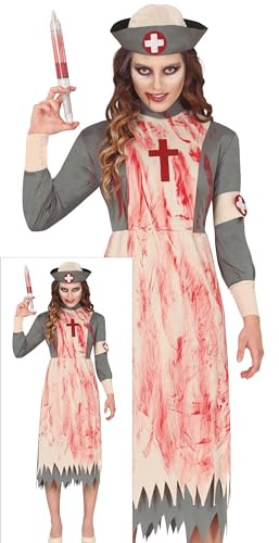 FIESTAS GUIRCA | Dead Nurse Kostüm - Kleid und Haube - Arzt- und Krankenschwester Kostüme für Halloween, Karneval und Gruselpartys - Ideal für Erwachsene und Teenager - Grau und Beige
