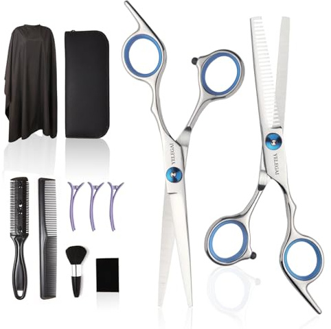 Haircut Scissors Kit, 11 Pcs Professional Set - Haircut, Thinning Scissors, Neck Duster Brush, Comb, Barber Cape, Hair Clips, Hairdressing Shears for Barber and Home
