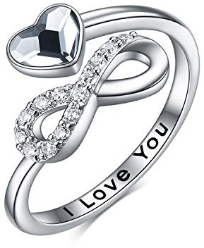 TOUPOP Infinity Rings 925 Sterling Silver Rings for Women I Love You Ring with Crystal Jewellery Gifts for Women White Gold Plated Adjustable Ring for Girls Mum (White crystal)