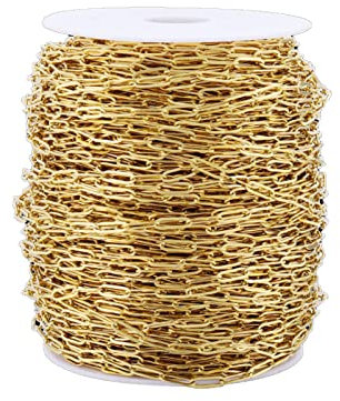Panzerkette aus Edelstahl mit Spule, 3 mm Büroklammer-Kette, flach, oval, für Armbänder, Halsketten, Schmuckherstellung, 40 m dick, goldfarben