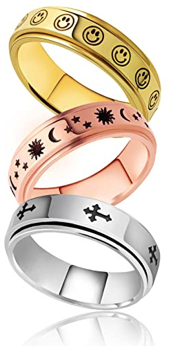 LAOYOU Spinner Ring For Anxiety Women Ladies | 6mm Gold Plated Stainless Steel Womens Smiley Face Fidget Rings Stress Relief Rose Gold Sun Moon Stars Anxiety Ring Silver Cross Spin Band Size 5