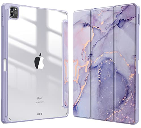 Fintie Hybrid Hülle für iPad Pro 12.9 Zoll 2022/2021/2020/2018 | Schlankes stoßfestes Schutzhülle mit Stifthalter, Transparente Hartschale, Standfunktion für Tippen & Ansehen, Lila Marmor