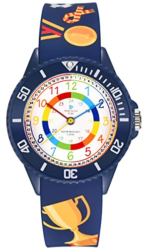 Alienwork Fußball Jungs Lernuhr Kinderuhr Jungen Mädchen Marineblau Silikon-Armband Mehrfarbig Kinder-Uhr Wasserdicht 5 ATM Zeit Lernen