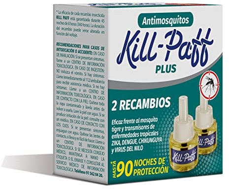 KILL-PAFF | Antimosquitos Eléctrico | Protección Eficaz Contra Mosquitos Tigre y Transmisores de Enfermedades Tropicales | Sin Olor | 90 Noches de Protección | 2 Recambios 33 + 33 ml