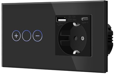 BSEED DimmSchalter mit Steckdose USB C für LED-Lampen, Non-wifi Schalter aus Glas, 240V für eine perfekte Listimmungsvolle, 1 Fach 2 Wege Schwarz