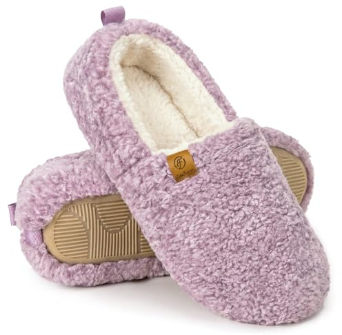 EverFoams Women’s Soft Curly Full Slippers Memory Foam Lightweight House Shoes Cozy Loafer with Polar Fleece Lining Purple,7-8 US