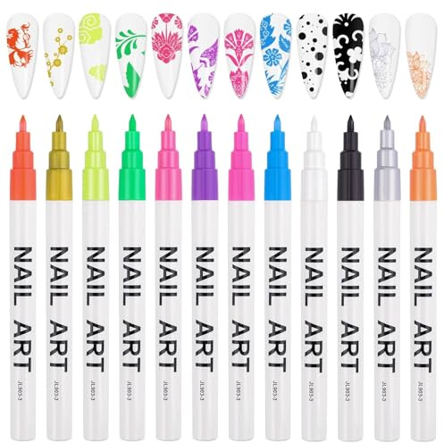 12 Farben 3D Nagelkunststift Set, Kalolary Nagelspitze Nail Art Pen | Graffiti-Punktierungsstift Pinsel für DIY Nagelkunst, Schönheit, Schmuck, Maniküre Werkzeuge (Fluoreszierend)