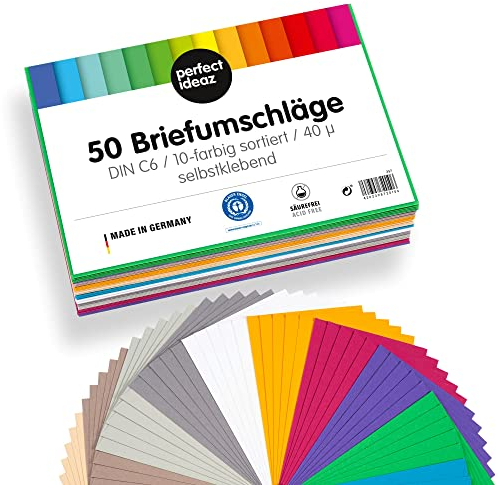 perfect ideaz 50 Briefumschläge DIN-C6 ohne Fenster, für DIN A6 aus Recycling-Papier, 10 Farben, Made in Germany, Blauer Engel zertifiziert