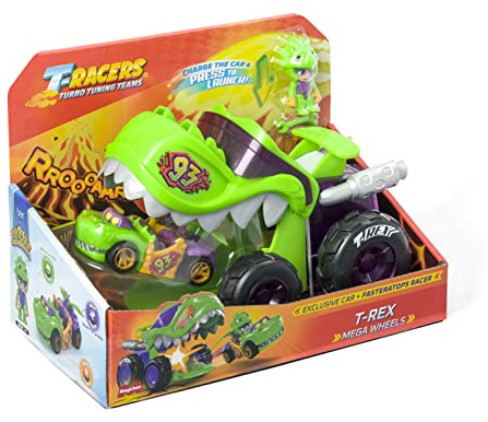 T-Racers Mega Wheels T-Rex – Vehículo-Lanzador con 1 piloto y 1 vehículo exclusivos. Compatible con Otros Coches