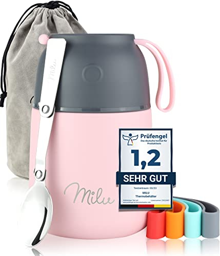 Milu Food Flask for Hot Food - 450ml Leakproof Insulated Stainless Steel Thermal Lunch Box, Soup Container with Spoon, BPA-Free, to go Meal Prep, Porridge (Pink, 450ml)