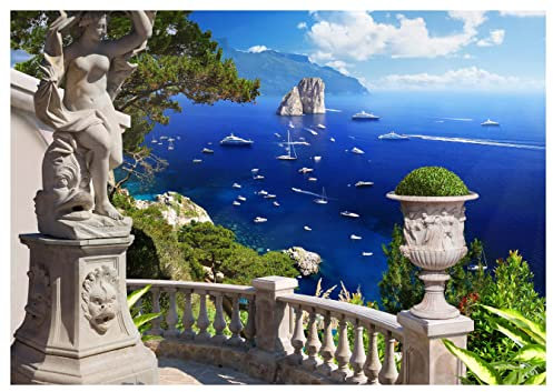 wandmotiv24 Fototapete Statue Meer Boote mediterran, 200 x 140cm - selbstklebende Strukturtapete, Wanddeko, Wandbild, Wandtapete, Stein Frau Pflanzen blau grün M6836