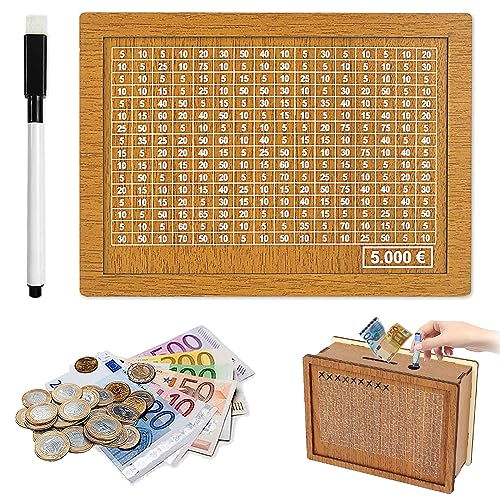 Spardose, Spardose Holz, Wiederverwendbare Spardose, Sparbox mit Zahlen ankreuzen, Retro Sparbüchse Aufbewahrungsbox Hilft Kindern und Erwachsenen Die Gewohnheit Zum Sparen (5000€)