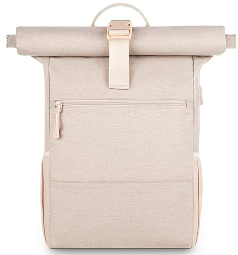 RJEU Laptop ryggsäck för 17 tum, rulltopp ryggsäck män kvinnor, laptopväska för skola, studierum, resor, skolryggsäck (beige-26 l)