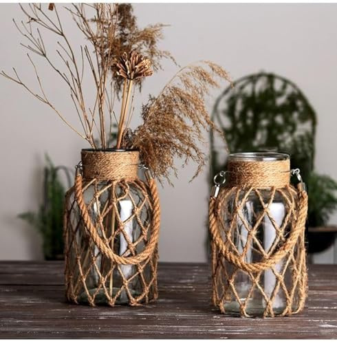 YZHZOM Set of 2 Rattan Hanging Mason Vase - Decorative Jars With Rope for Wedding Party Table Sea Beach Decor (2 Vases 8'')