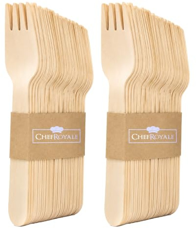 Chef Royale 100 Disposable Wooden Forks - Eco Friendly Spoons Set - Biodegradable and Compostable Bamboo Wooden Cutlery Set for Christmas Parties Picnics,Weddings,Office (100 Wooden Forks)