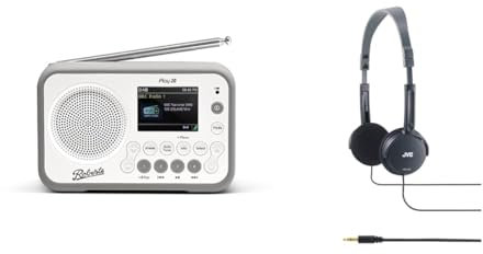 Roberts PLAY20 Compact and Portable DAB/DAB+/FM Digital Radio, Rubber-Protected, Full Colour Screen, White & JVC Wired Lightweight Headphones - Black
