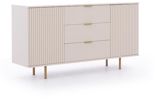 Lomadox Sideboard Kommode 150cm in Kaschmir, Front mit Rillenoptik, Goldfarbene Griffe und Füße