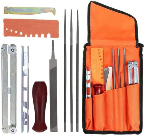 MEEIHUI Kit universale per affilatura motosega, 10 pezzi, affilatrice per motosega con lime rotonde da 5/32 (4 mm), 3/16 (4,8 mm) e 7/32 (5,5 mm), lima piatta, profondimetro, supporto guida per