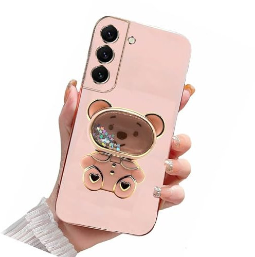 Nadoli pour Samsung Galaxy A35 5G Sable mouvant Ours Béquille Coque,Ultra Mince Placage Pliant Maquillage Supporter Silicone Flexible Paillette Housse Étui de Potection