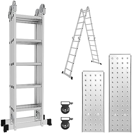 Fogmiea Aluminium Mehrzweckleitern 4 * 5 Stufen Multifunktionsleiter Alu Leiter Ausziehbar 5,8m Klappleiter Gelenkleiter Anlegeleiter Steigleiter mit 2 Gerüstplatten und 2 Rollen