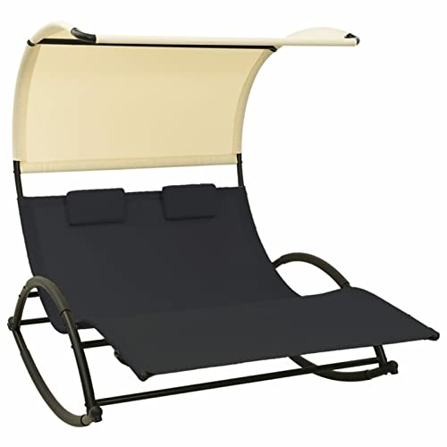 Homgoday Doppel-Sonnenliege mit Sonnendach Textilene Schwarz und Creme Stuhl Model310547