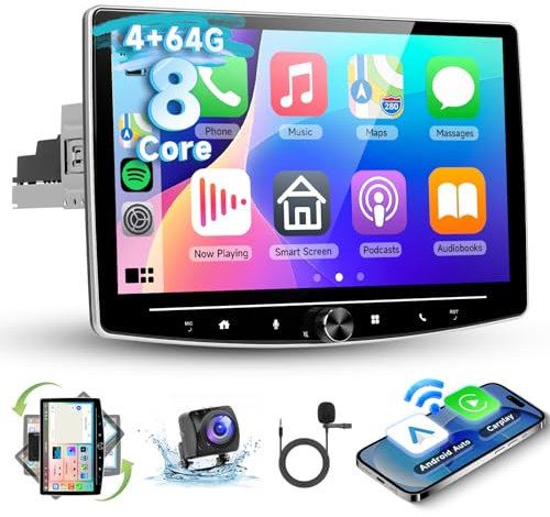 4G+64G Android Single Din Car Stereo With Wireless CarPlay/Android Auto,Hodozzy 10.1 Inch Touchscreen 1 Din Vertical Rotated Screen Car Radio With Bluetooth Mirror GPS WiFi FM RDS SWC +Backup Camera