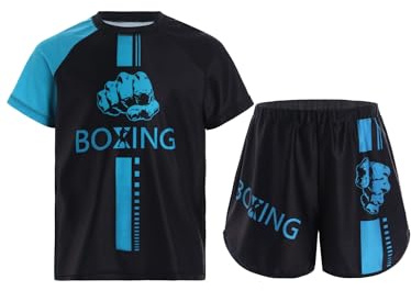 Freebily Costume da Allenamento da Pugile Bambino e Ragazzo Completo da Boxe Muay Thai MMA Arti Marziali Boxing Maglietta Manica Corta + Pantaloncini Kick-Thai Tracksuit Azzurro 9-10 anni