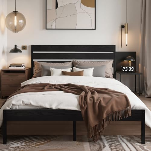 VECELO Bettgestell 140 x 200 cm, Metallbett mit Dick Holzkopfteil und Lattenrost, Doppelbett mit Stauraum unter dem Bett, perfekt für Schlafzimmer, Schwarz