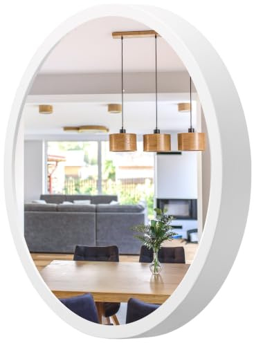Wandspiegel mit Holzrahmen (∅37 cm) - Spiegel Rund Holz Weiß - Kleine LEJA | Massivholz, Einfache Montage, EU-Produktion, 4 mm Spiegelglas, Sicherer Metallhaken, Pflegeleicht
