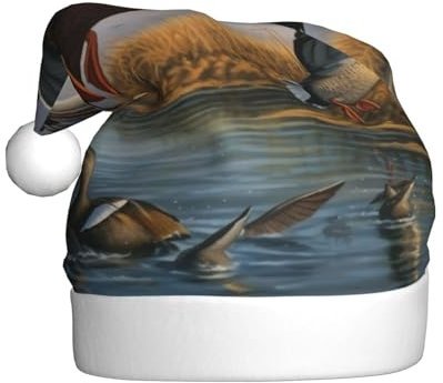 Gfhwpxcnb Weihnachtsmütze, Motiv: Jagd fliegende wilde Enten am See, Weihnachtsmannmütze, Urlaub für Erwachsene, Unisex, Plüsch, bequem, Weihnachtsmütze für Neujahr, festliche Party