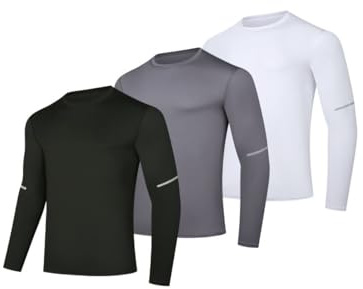 fovdtaa 3-pack långärmade herrtröjor med rund hals t-shirt träning löpning toppar gym andningsbara sportskjortor t-shirt långärmad sport toppar, #3 -svart/grå/vit, L