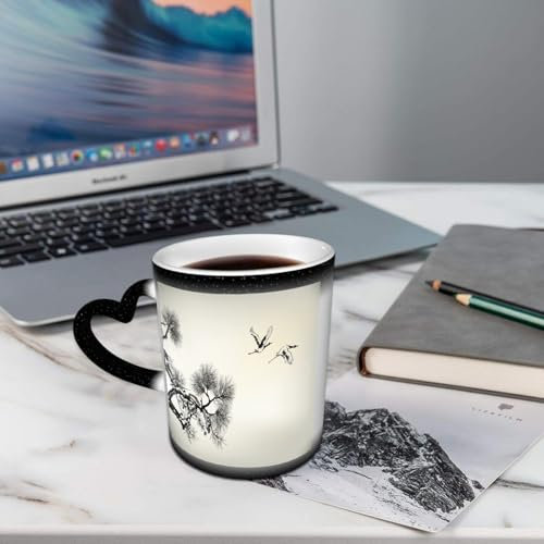 AELKSP Divertida Taza de Café,Taza té café Cambio de Color de la Taza Sensible al, cerámica Taza Mágica, 11oz,Pino y grulla en estilo tinta