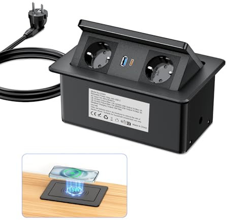 Ohuo Versenkbare Steckdose mit USB C und 15W Kabellosem Ladegerät, Versenkbare Einbausteckdose mit USB C PD 20W und USB A, Versenkbare Steckdose Schwarz 2M Kabel