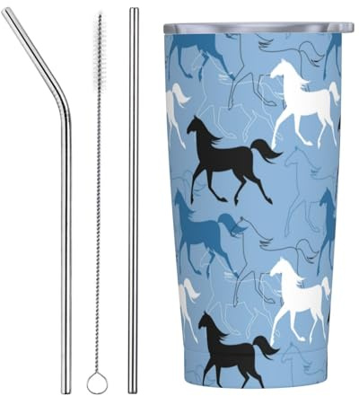 VOSERY Botella de agua de 20 onzas con tapa y popote, vaso aislado de acero inoxidable con diseño de caballo de línea minimalista, color blanco y negro, taza de café de viaje, vaso personalizado