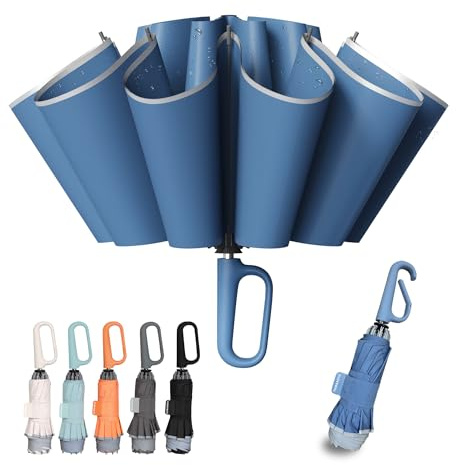 TUMAAOTU Compact Inverted Umbrella with Never Forget Carabiner Handle - Travel Umbrella Windproof Strong, Automatic Umbrellas for wind rain, Auto Open Close, 10 Rib Durable Frame for Women Men (Blue)