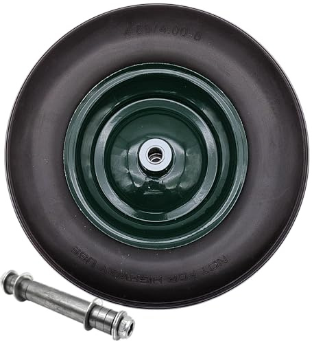 HERO Schubkarrenrad PU Vollgummi 4.80/4.00-8 – pannensicheres Ersatzrad Ø 390 mm – 16 mm Achsloch – Doppelrollenlager – grüne Stahlfelge – Traglast 95 kg – inkl. Universal Achssatz