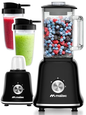 MalTec Standmixer Glas Smoothie Maker für Cocktails BL1800W Blender, Mühle,2 Bidons 1,6l Schwarz