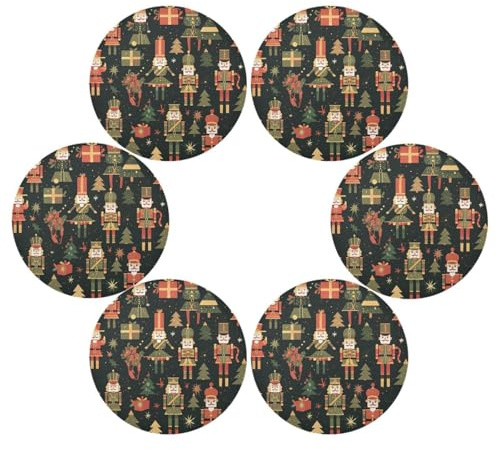 Merry Christmas Black Nutcracker Soldiers Round Place mats Indoor Reusable placemat wipable placemats for Dining Table Heat Resistant Waterproof Cork placemats Set of 6 15.4x15.4in