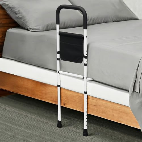 BOLESHU Bed Rails for Elderly Adults with Floor Support, Adjustable Bed Cane with Storage Pocket and Extension Legs for Seniors Hold up to 300 Lbs, Grab Bar Handle Fits King Twin Full Size Bed