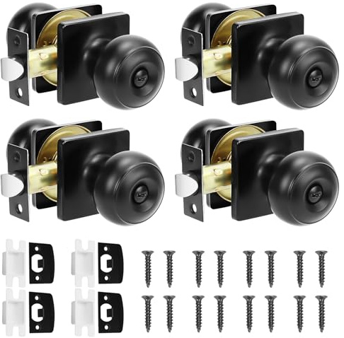 4 Pack Matt Black Door Knobs with Privacy Locks, Internal Door Knob Sets | Stainless Steel Internal Door Knob Sets with Adjustable Latches for Bedroom and Bathroom Doors