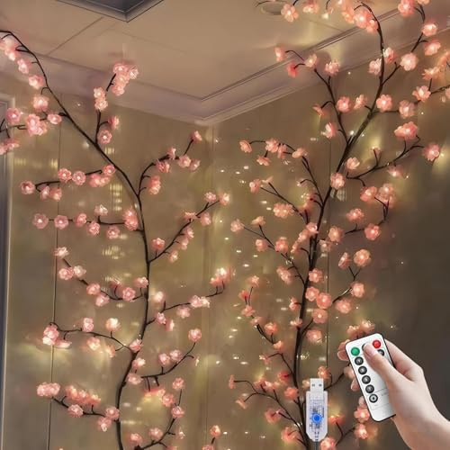 Gresonic 120cm 48 LEDs Lichterkette Kirschblüten deko,Willow Vine mit Fernbedienung, 8 Modi, USB-Betriebene Timer, Kirschblüten Zweige Lichter für Schlafzimmer Deko Weinachtsdekorationen