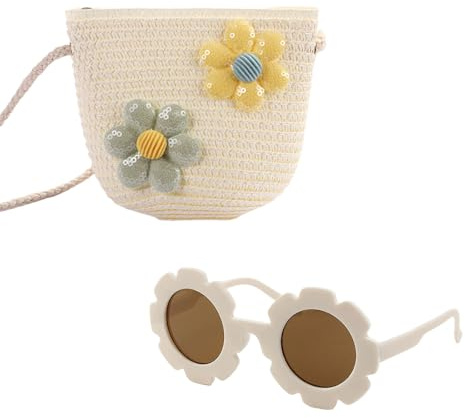 AWAVM Crossbody-Taschen-Set für Mädchen, niedliche Kleinkind-Handtasche mit Blumen-Sonnenbrille, verstellbare, geflochtene Geldbörse für Kinder (Rosa/Beige, 12 x 14 cm), weiß, 59*28*10cm