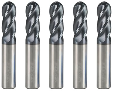 KBISHTIE 5PCS 1/2'' Ball Nose Carbide End Mill,4 Flute End Mill Bits, AlTiN - BlackNano Coating, CNC Cutting Tools for Stainless Steel, Aluminum, Hardened Steels, High Temp Alloys, 5, 1/2