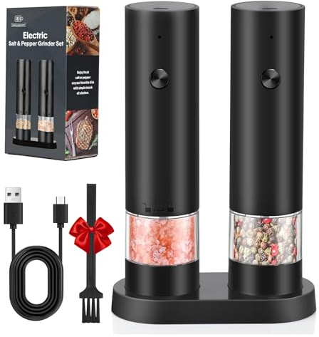 Electric Salt and Pepper Grinder Set, USB Rechargeable Automatic Pepper Mill with Storage Base, Adjustable Coarseness Salt Grinder, Washable Container for Kitchen/Picnic/BBQ