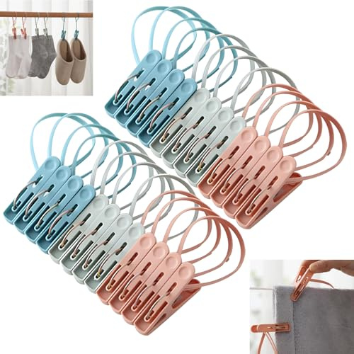 Lot de 24 pinces à linge sans empreinte - Pinces à serviettes colorées - Résistantes au vent - Avec cordon - Prise en main agréable et ressort solide - Pinces à chaussettes pour cordes à linge et