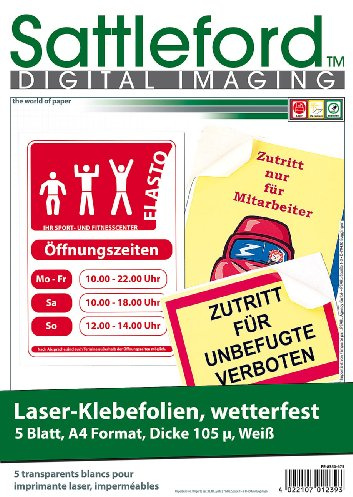 Sattleford Fotopapier selbstklebend: 10 Klebefolien wetterfest A4 für Laserdrucker weiß (Aufkleber Papier für Laserdrucker, Etiketten wasserfest, Tape)